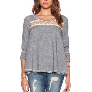 Free People Navy Blue White Lacey Love Pullover Knit Cotton Blend Blouse Small